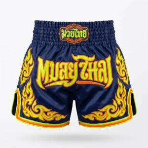 Custom Muay Thai Shorts – Navy & Yellow Flame Navy and yellow flame Muay Thai shorts