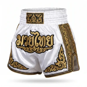 White and gold Muay Thai shorts