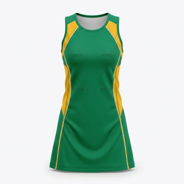 Custom Netball Uniform – Green & Gold Green and gold netball dress