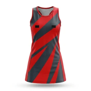 Custom Netball Uniform – Red & Charcoal Diagonal Red and charcoal diagonal stripe netball dress
