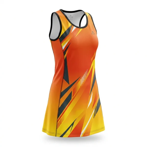 Custom Netball Uniform – Orange Flame Orange and yellow flame netball dress
