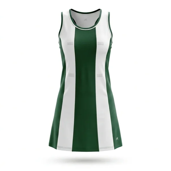 Custom Netball Uniform – Green & White Panel Green and white panel netball dress