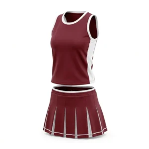 Custom Netball Uniform – Maroon Pleated Set Maroon netball top with pleated skirt