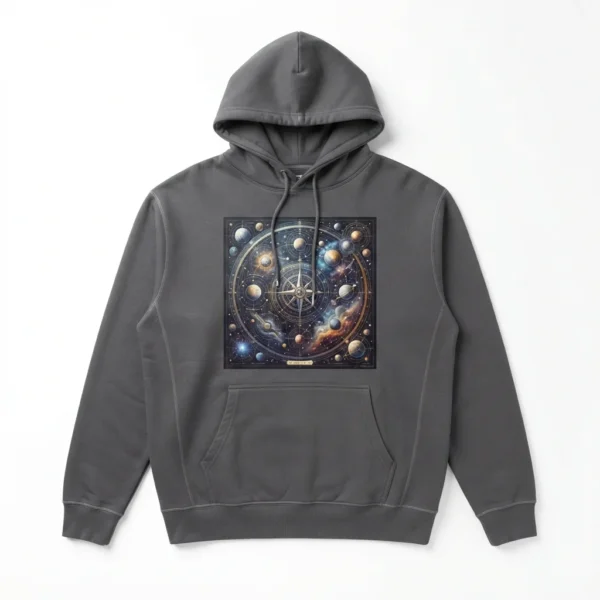 Custom Pullover Hoodie – Charcoal Cosmic Tarot Print Charcoal hoodie with cosmic tarot square print