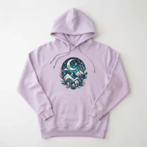 Custom Pullover Hoodie – Lilac Moon & Mountains Lilac hoodie with moon and mountain graphic