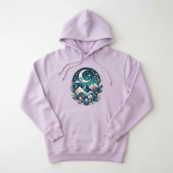 Custom Pullover Hoodie – Lilac Moon & Mountains Lilac hoodie with moon and mountain graphic