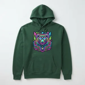 Custom Pullover Hoodie – Green Neon Bear Green hoodie with neon bear graphic