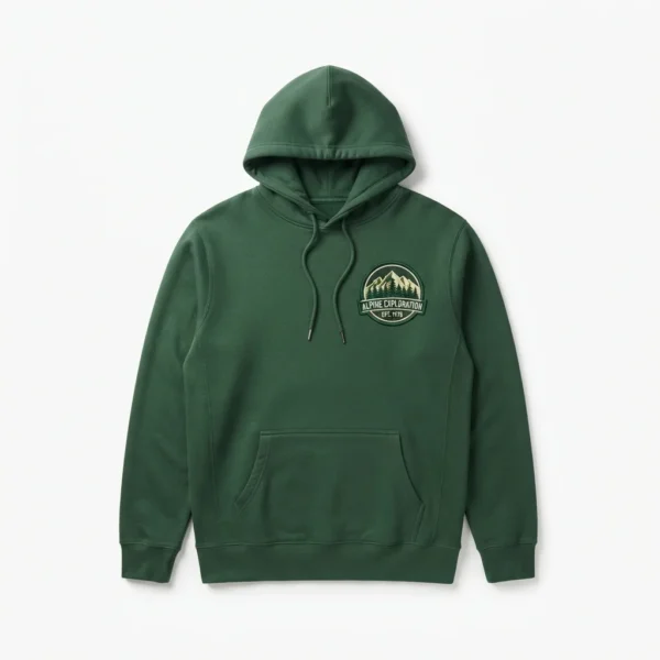 Custom Pullover Hoodie – Green Small Chest Badge Green hoodie with small embroidered chest badge