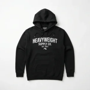 Custom Pullover Hoodie – Black Heavyweight Supply Black heavyweight hoodie with chest print