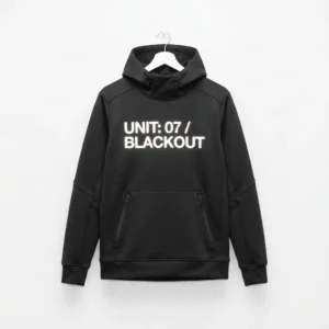 Custom Pullover Hoodie – Black Unit 07 Techwear Black techwear hoodie with white typography