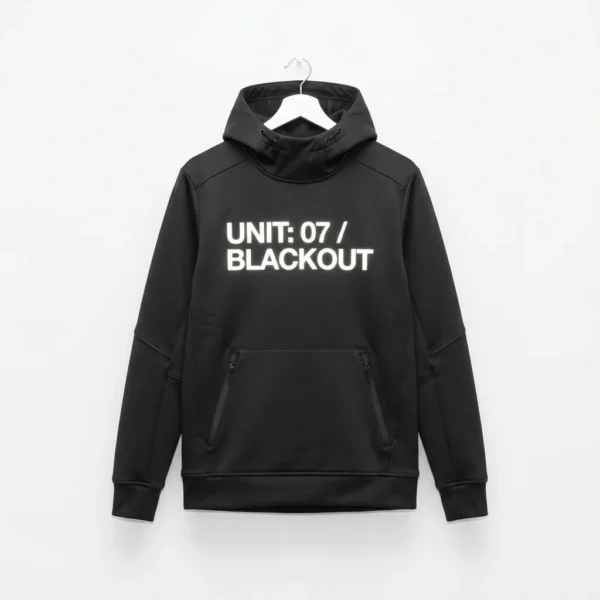 Black techwear hoodie with white typography