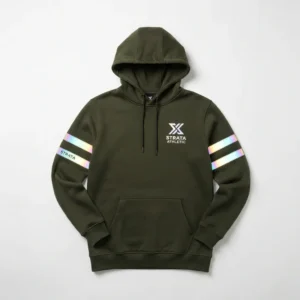 Olive hoodie with reflective sleeve stripes