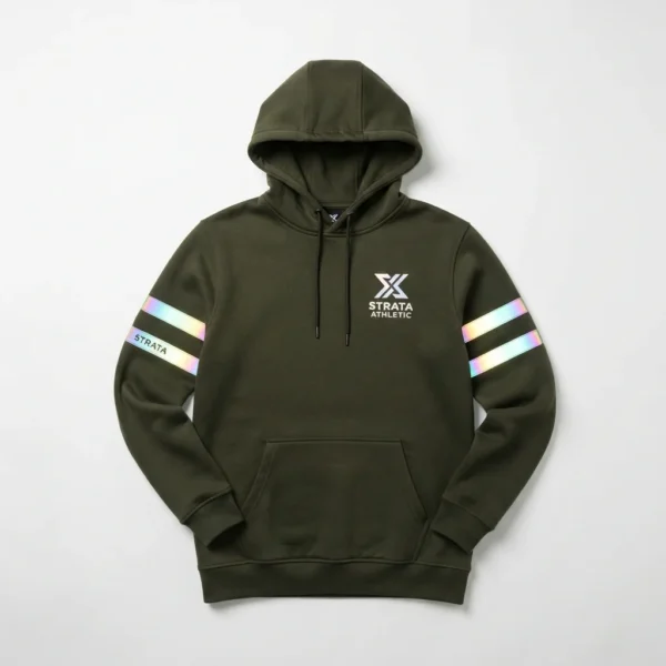 Olive hoodie with reflective sleeve stripes