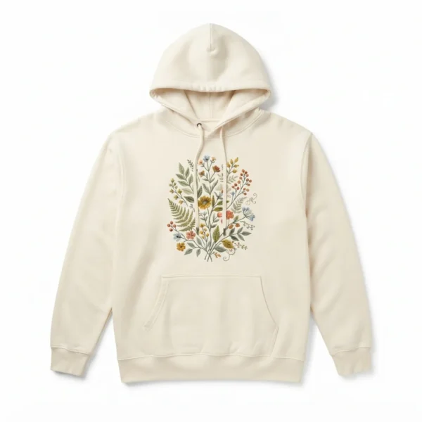 Custom Pullover Hoodie – Cream Floral Embroidery Cream hoodie with floral embroidery
