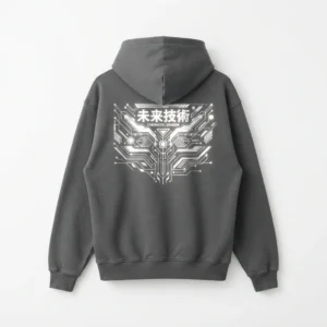 Custom Pullover Hoodie – Charcoal Japanese Circuit Back Print Charcoal hoodie with circuit back print
