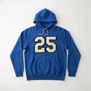 Royal blue hoodie with chenille number