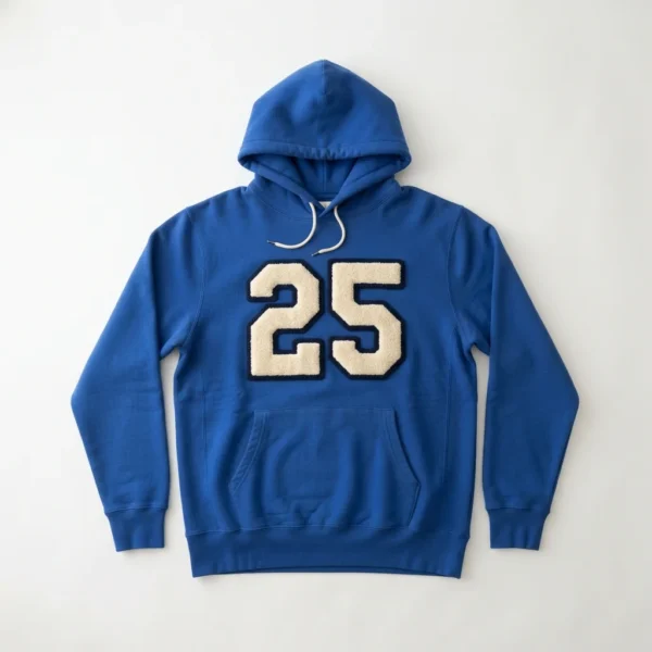 Custom Pullover Hoodie – Royal Blue Chenille Number Royal blue hoodie with chenille number