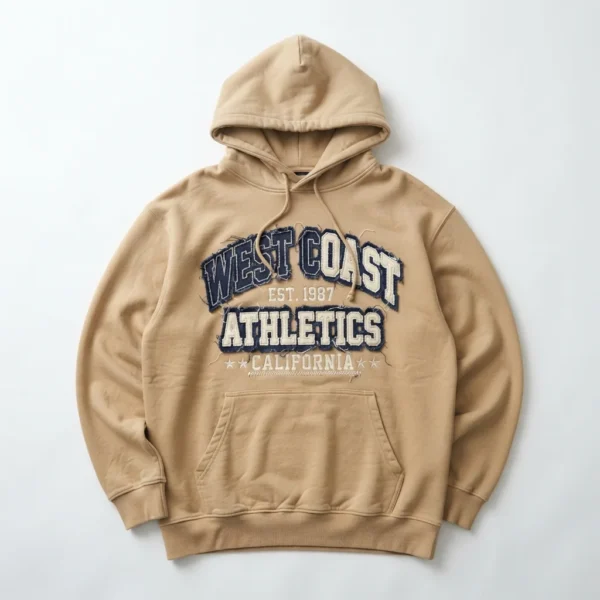 Tan hoodie with west coast athletics print