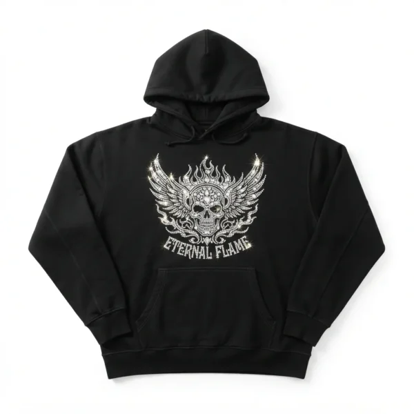 Black hoodie with winged skull graphic