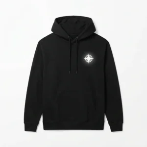 Custom Pullover Hoodie – Black Reflective Star Black hoodie with reflective star logo