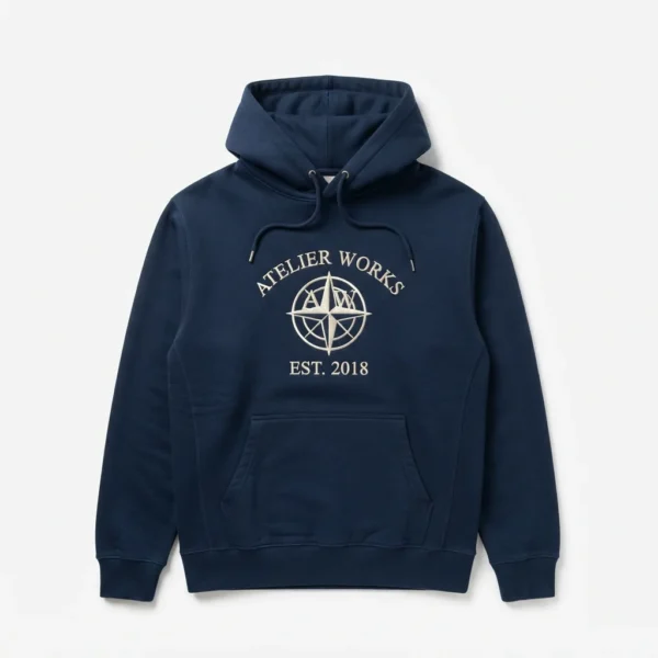 Custom Pullover Hoodie – Navy Embroidered Crest Navy hoodie with embroidered crest