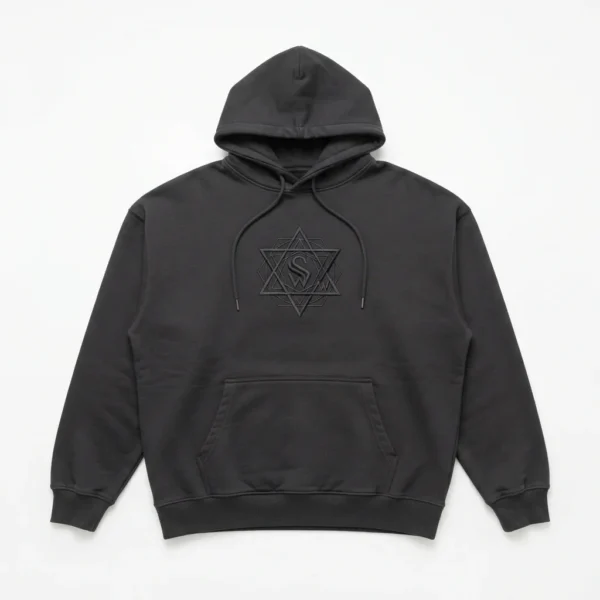 Custom Pullover Hoodie – Black Embossed Star Black hoodie with embossed star logo