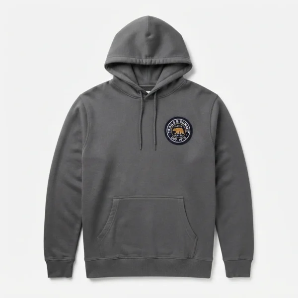 Custom Pullover Hoodie – Charcoal Chest Badge Charcoal hoodie with chest badge