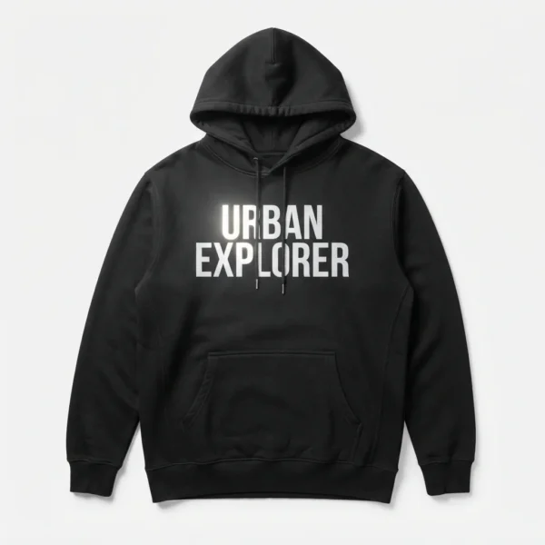 Black hoodie with reflective lettering