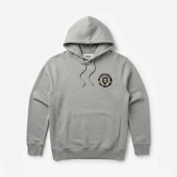 Custom Pullover Hoodie – Grey Embroidered Badge Grey hoodie with embroidered badge