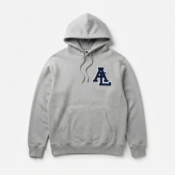Grey hoodie with chenille letter patch