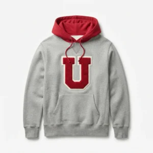 Grey hoodie with red hood and chenille letter
