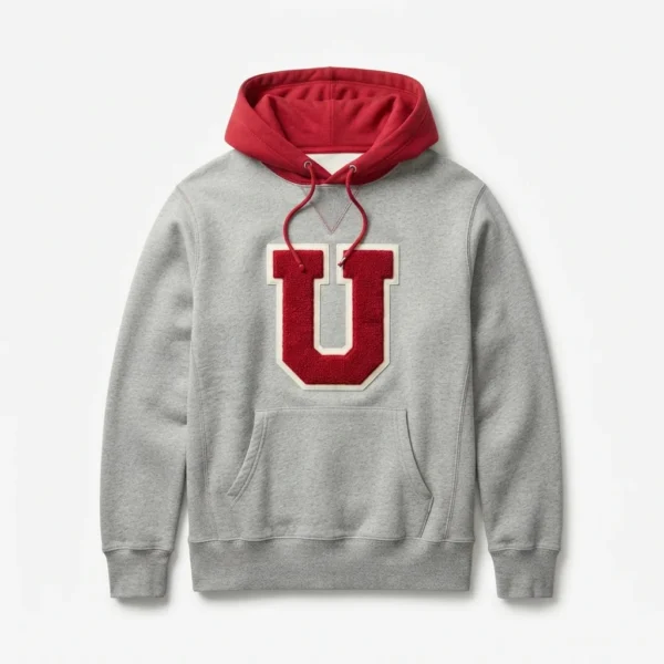 Custom Pullover Hoodie – Grey with Red Hood & Chenille Letter Grey hoodie with red hood and chenille letter