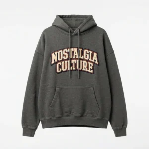 Charcoal hoodie with retro arch lettering