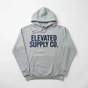 Grey hoodie with navy block lettering