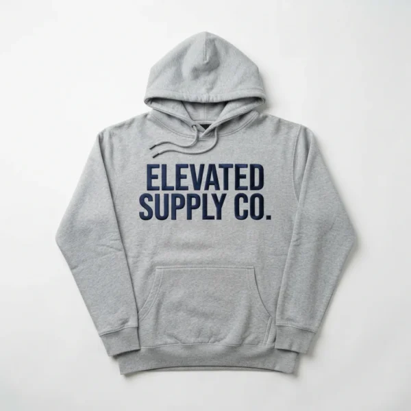 Custom Pullover Hoodie – Grey Supply Co. Lettering Grey hoodie with navy block lettering