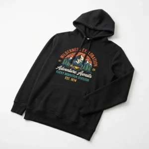 Black hoodie with wilderness expedition graphic