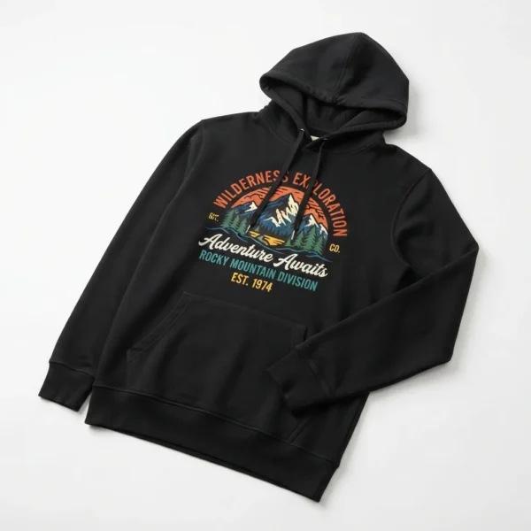 Black hoodie with wilderness expedition graphic