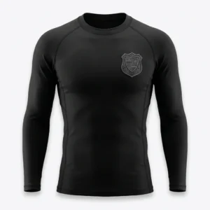 Black rash guard with tonal shield crest