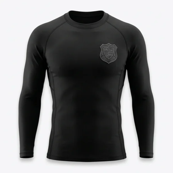 Black rash guard with tonal shield crest
