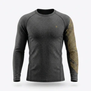 Charcoal rash guard with gold sleeve print