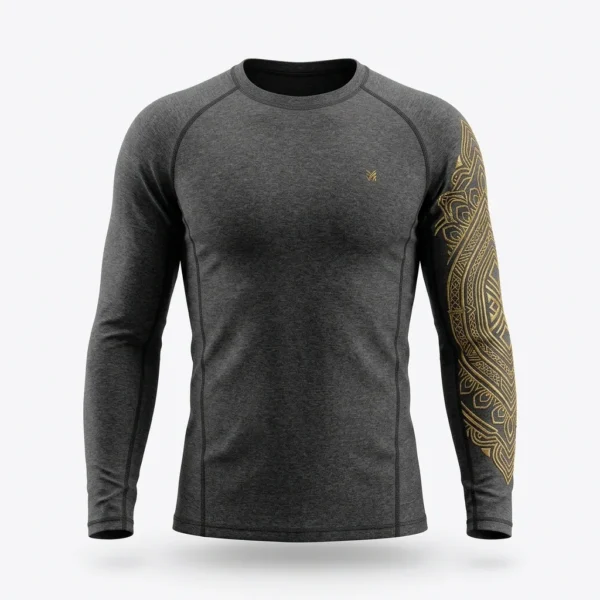 Charcoal rash guard with gold sleeve print