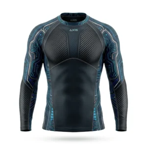 Black and teal circuit armour rash guard