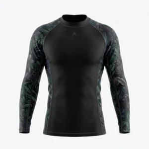 Black rash guard with jungle leaf sleeves
