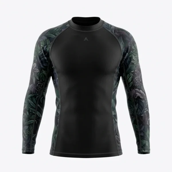 Black rash guard with jungle leaf sleeves