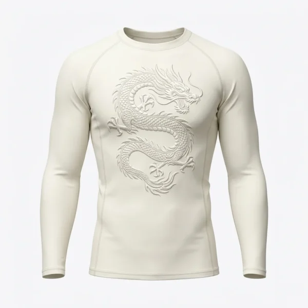 Cream rash guard with embossed dragon