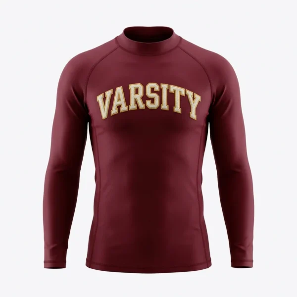 Custom Rash Guard – Maroon Varsity Maroon varsity lettering rash guard