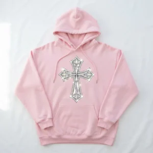 Pink hoodie with rhinestone cross