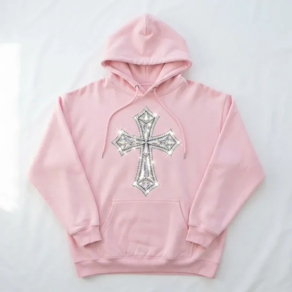 Pink hoodie with rhinestone cross