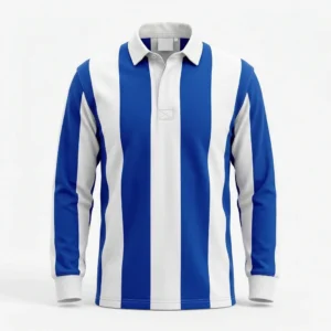 Custom Rugby Shirt – Blue & White Vertical Stripe Blue and white vertical stripe rugby shirt