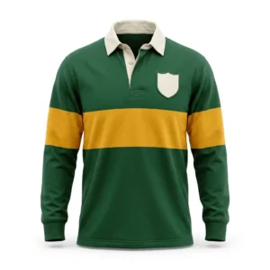 Custom Rugby Shirt – Green with Gold Band Green rugby shirt with gold chest band